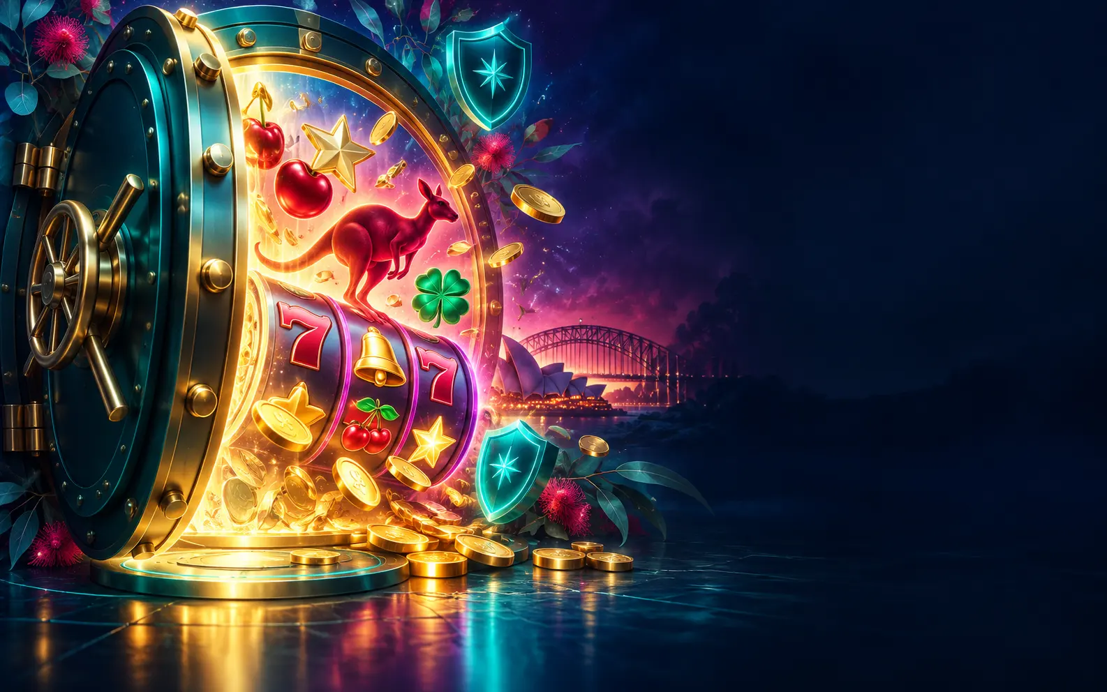 Neon casino vault opening onto gold and teal pokie reels