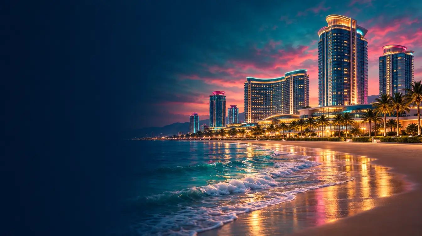 Beachside casino and hotel towers at twilight behind a surf beach with rolling waves