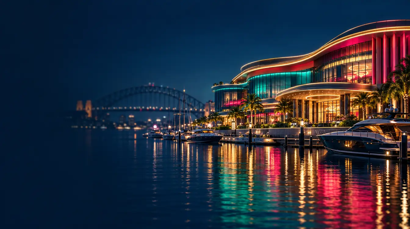 Curved waterfront casino building at night with a marina and an arch bridge in the distance