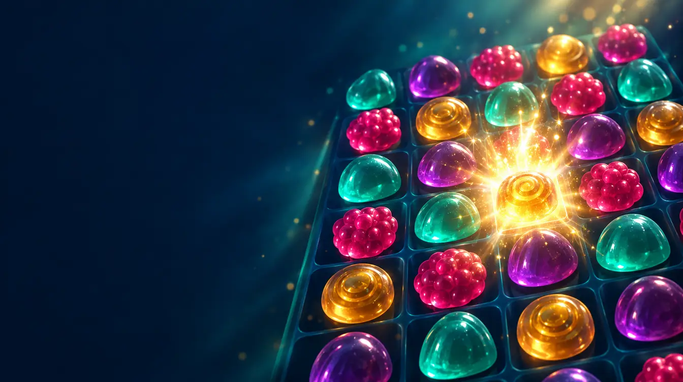 Grid of glossy jelly candies in teal, pink, gold and purple with one cell bursting with light