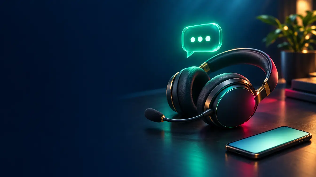 Headset with a microphone beside a smartphone, a glowing teal chat bubble floating above