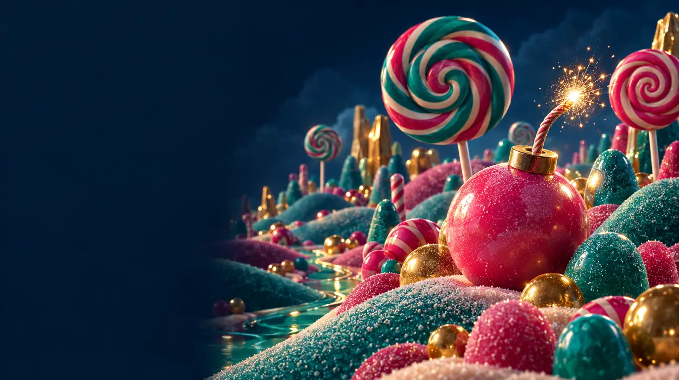 Candy landscape with swirl lollipops, sugar-dusted sweets and a pink bomb-shaped candy