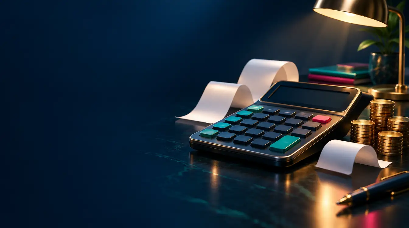 Desk calculator with paper receipts, stacks of gold coins and a pen under a desk lamp