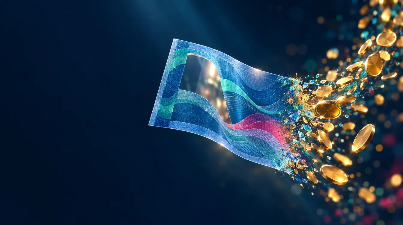 Blue polymer-style banknote with abstract waves dissolving into a stream of gold coins