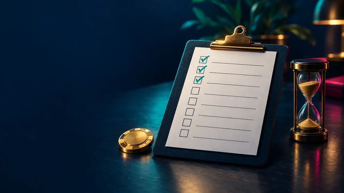Clipboard checklist with three teal ticks, a gold token and a sand timer on a dark desk