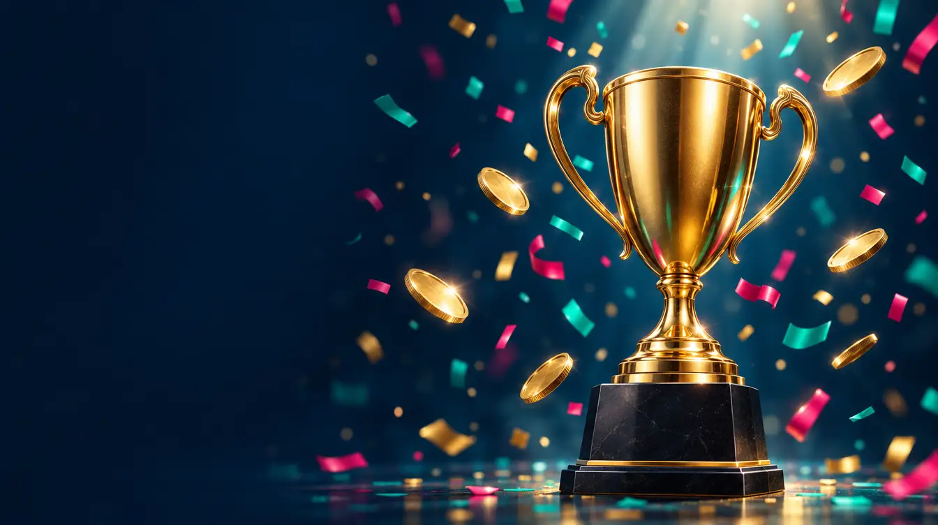 Golden trophy cup on a black plinth with falling teal and raspberry confetti and gold coins