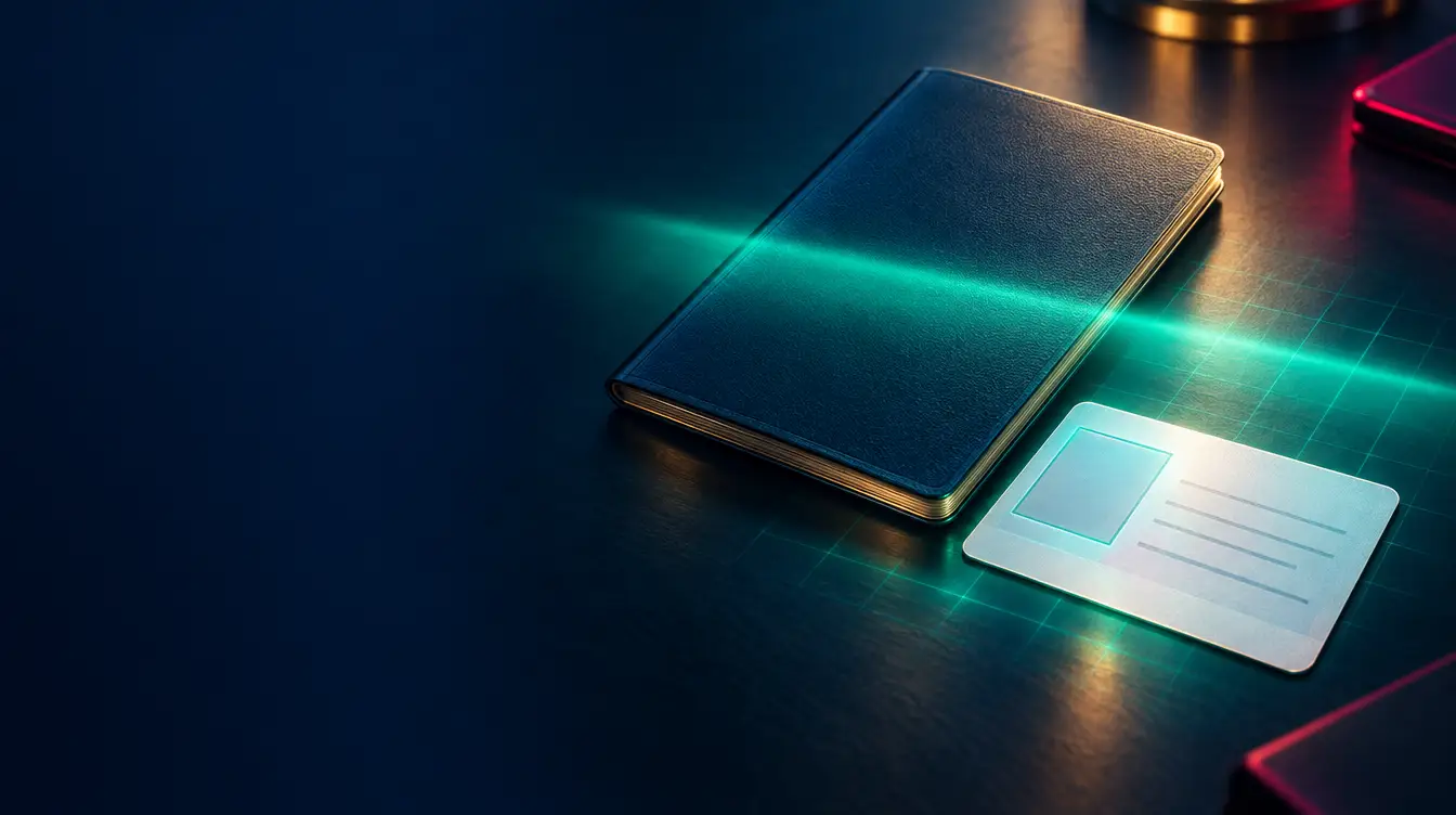 Closed passport-style booklet and a blank ID card under a teal scanning light beam