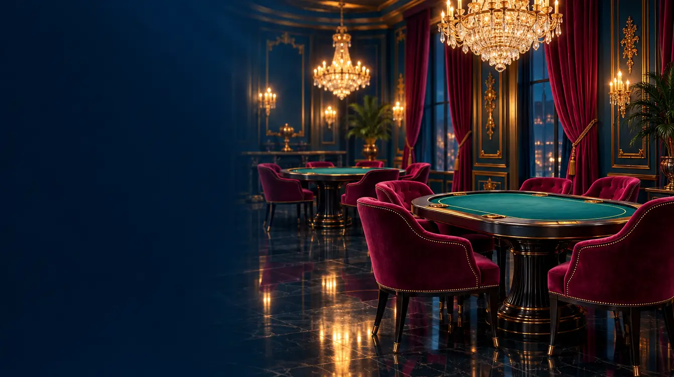Empty private gaming room with teal-felt tables, red velvet chairs and crystal chandeliers