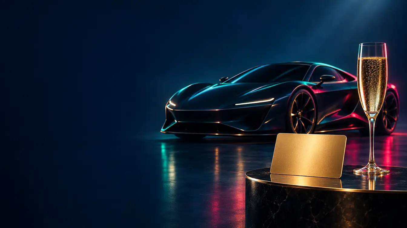 Dark sports car in a showroom with a blank gold card and a glass of champagne on a plinth