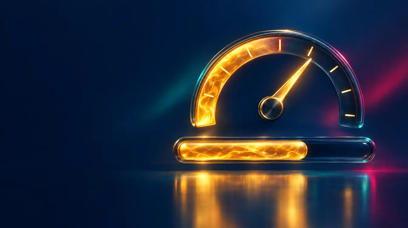Semicircular gauge and progress bar filling with glowing gold light on a navy background