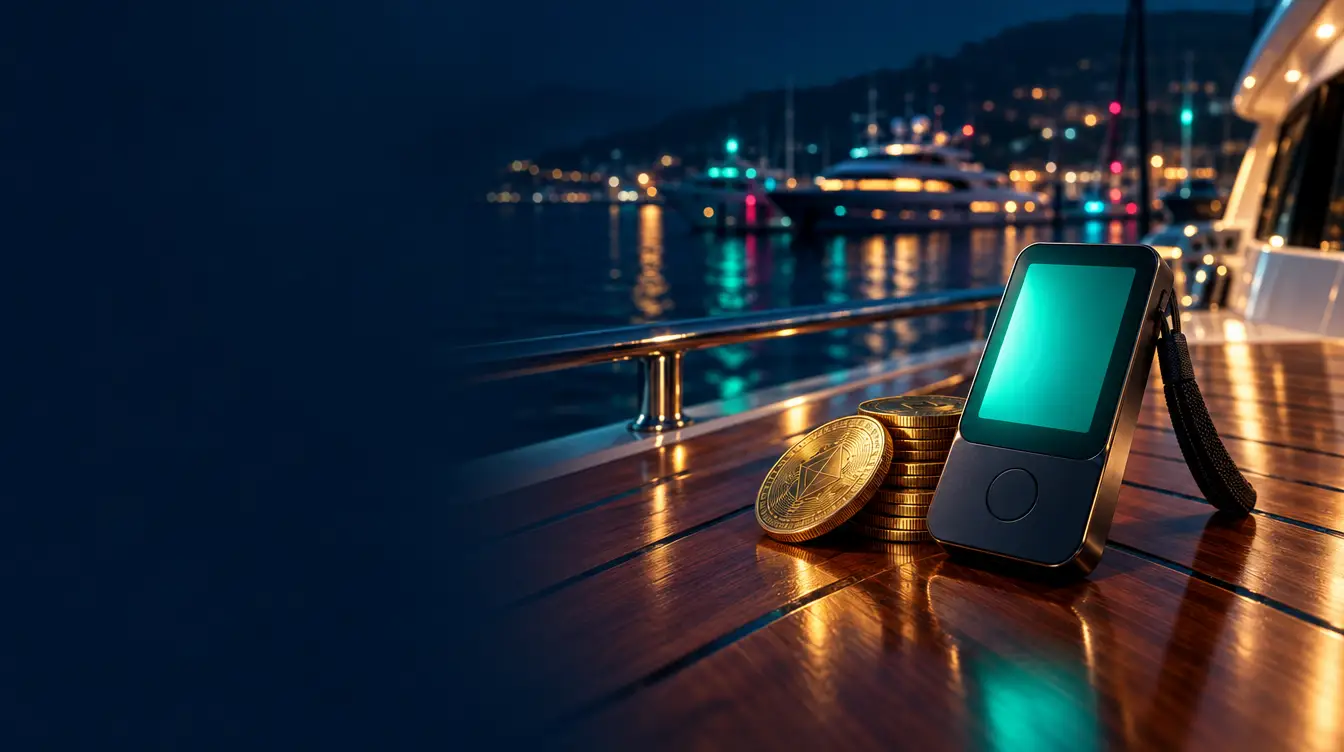 Crypto hardware wallet and gold coins on a yacht's timber deck with marina lights at night