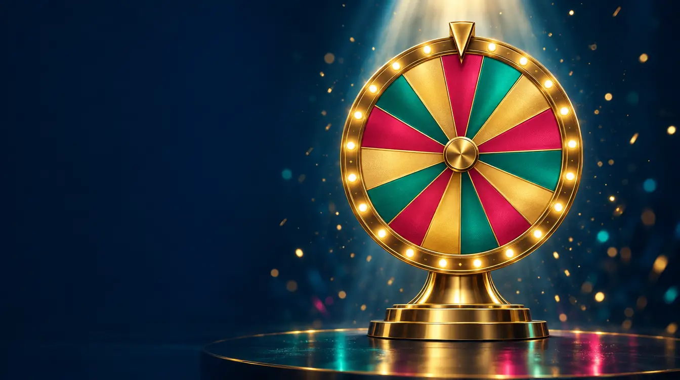 Gold prize wheel with raspberry, teal and gold segments and bulb lights under a spotlight