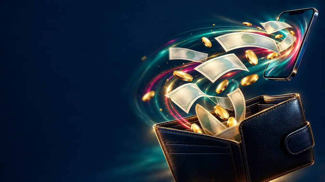 Banknotes and gold coins flowing from a smartphone into an open leather wallet with light trails
